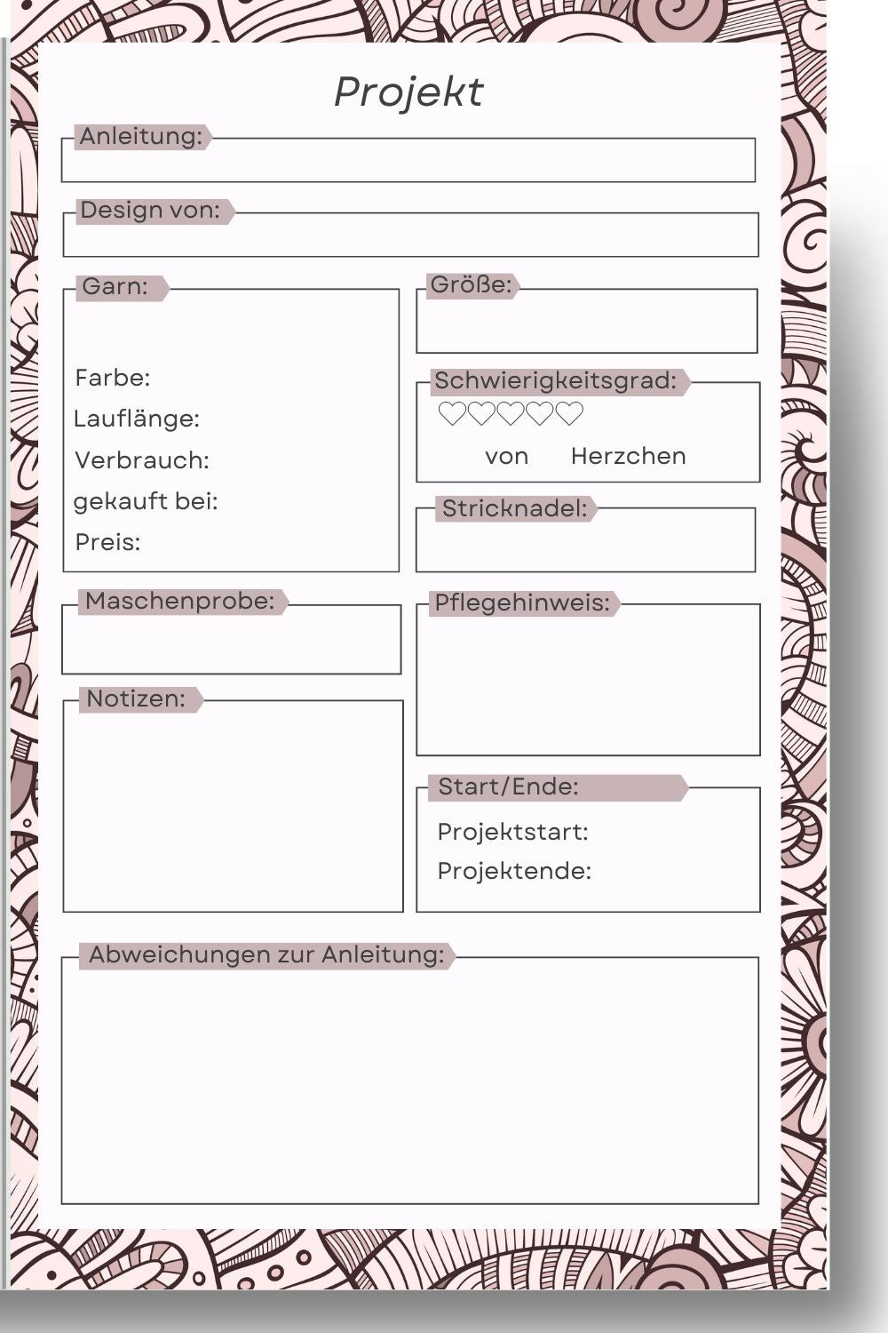 Projektseite: Hier können viele Details zu deinem Projekt eingetragen werden, Name der Anleitung, Garn, Stricknadel, Maschenprobe, Maße, weitere Materialien, Schwierigkeitsgrad, Projektstart und -Ende
