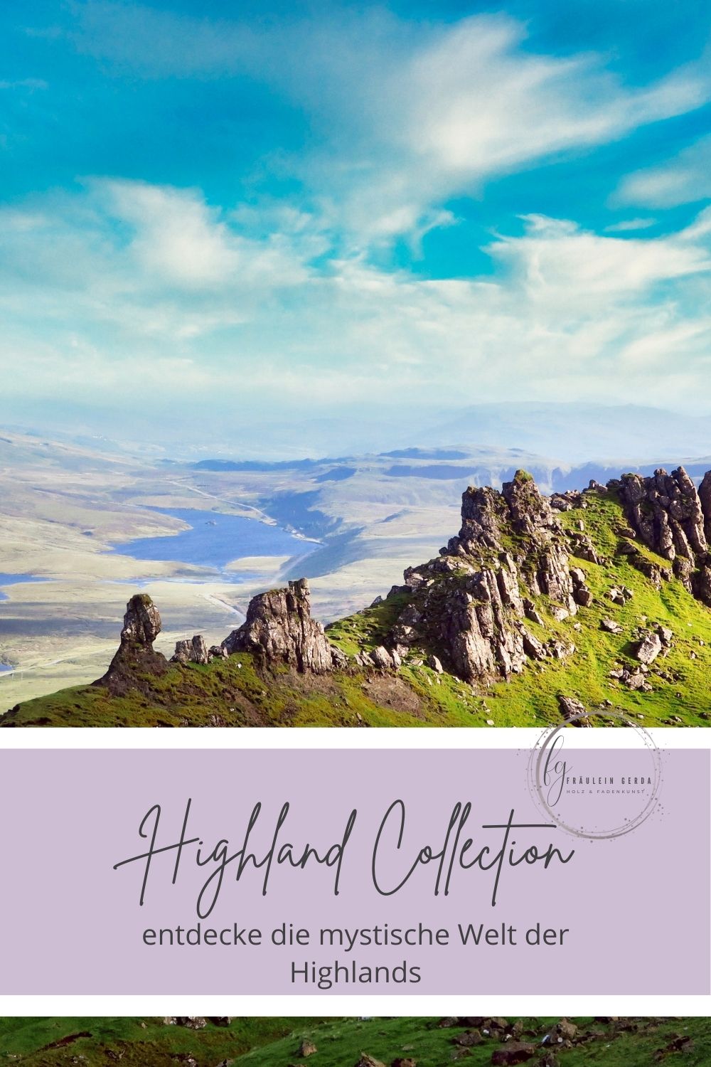 Schottische Berge von oben, Fräulein Gerda Logo und Schriftzug Highland Collection