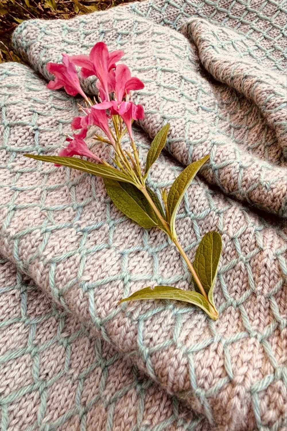 Nachaufnahme des Musters vom Schal Diamond Beach mit pinker Blume
