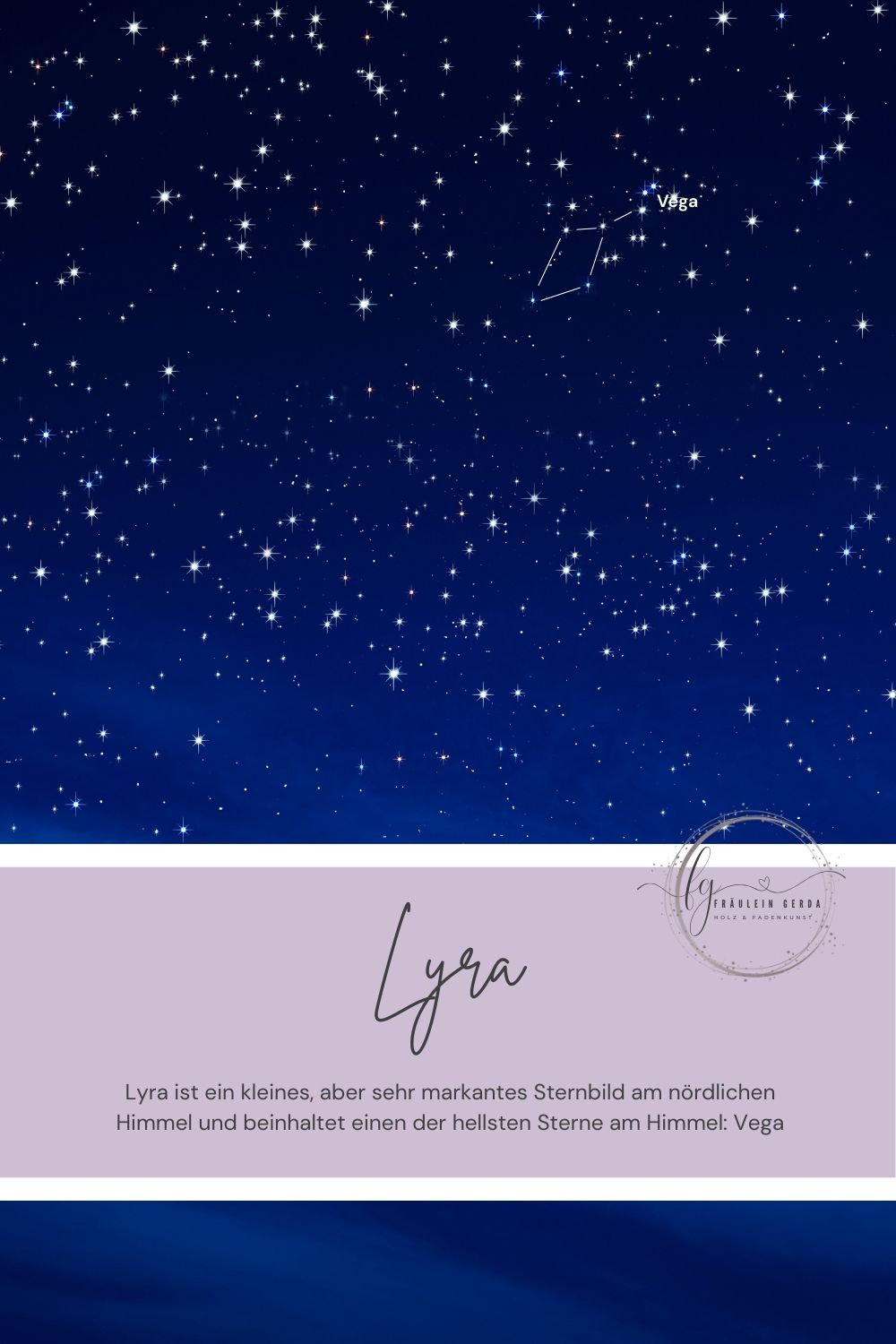 Schal Lyra Deckblatt: Illustration des Sternenhimmels mit dem Sternenbild Lyra, Fräulein-Gerda-Logo und Namensbedeutung von einem der hellsten Sterne Vega
