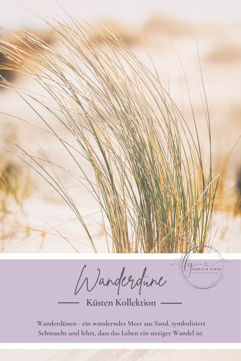 Socken Wanderdüne Deckblatt: Dünengras im Wind, Fräulein-Gerda-Logo und Namensbedeutung von Meer und Sand