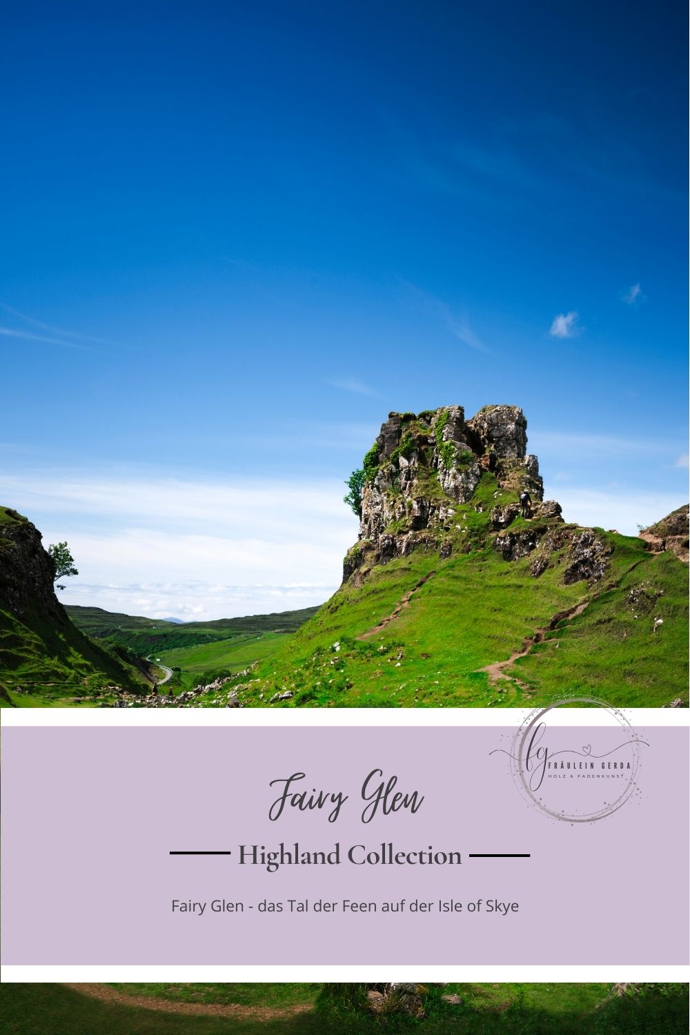 Tuch Fairy Glen Deckblatt: das Tal der Feen auf der Isle of Skye mit Fräulein-Gerda-Logo
