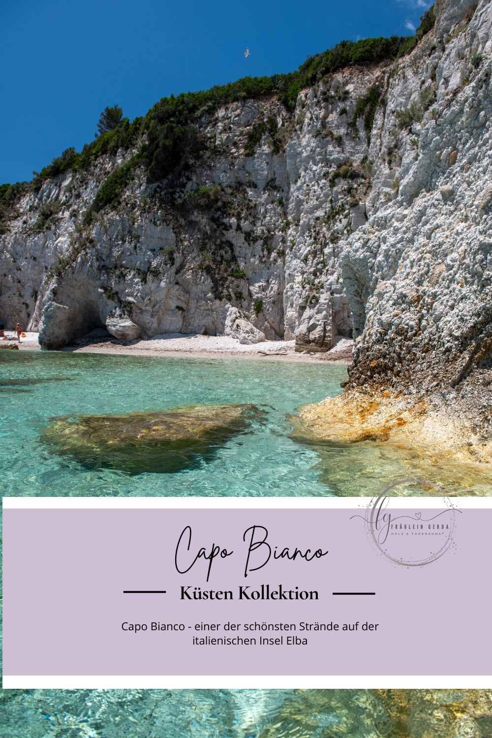 Tuch Capo Bianco Deckblatt: Foto eines Strandes auf der italienischen Insle Elba und Fräulein-Gerda-Logo