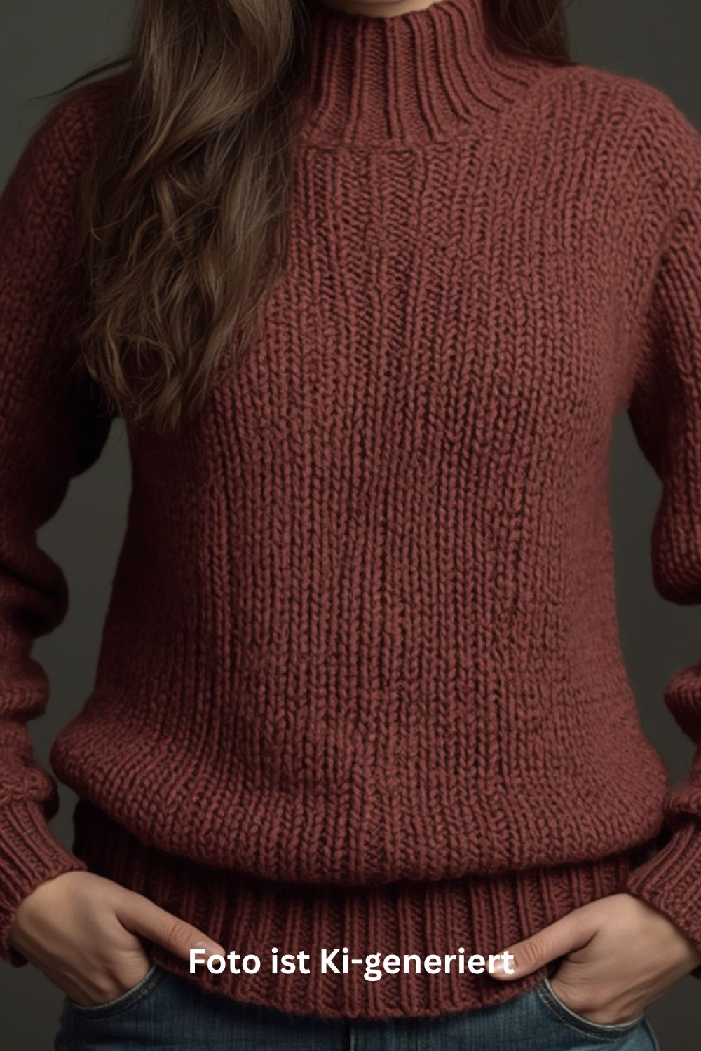 als KI-generiert gekennzeichnetes Foto einer Frau in einem rostroten Strickpullover mit Rollkragen