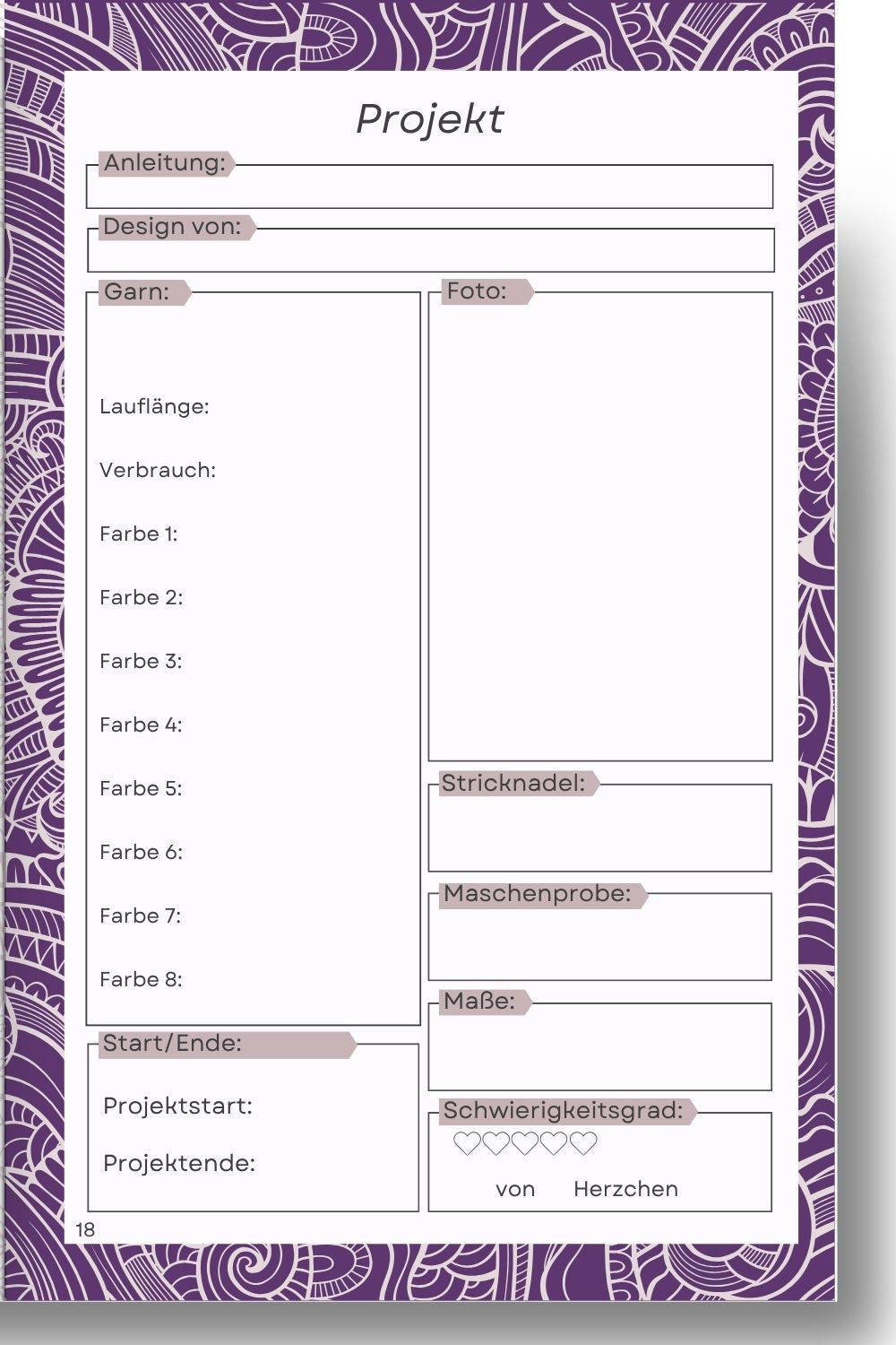 Projektseite: Hier können viele Details zu deinem Projekt eingetragen werden, Name der Anleitung, Garn, Stricknadel, Maschenprobe, Maße, weitere Materialien, Schwierigkeitsgrad, Projektstart und -Ende