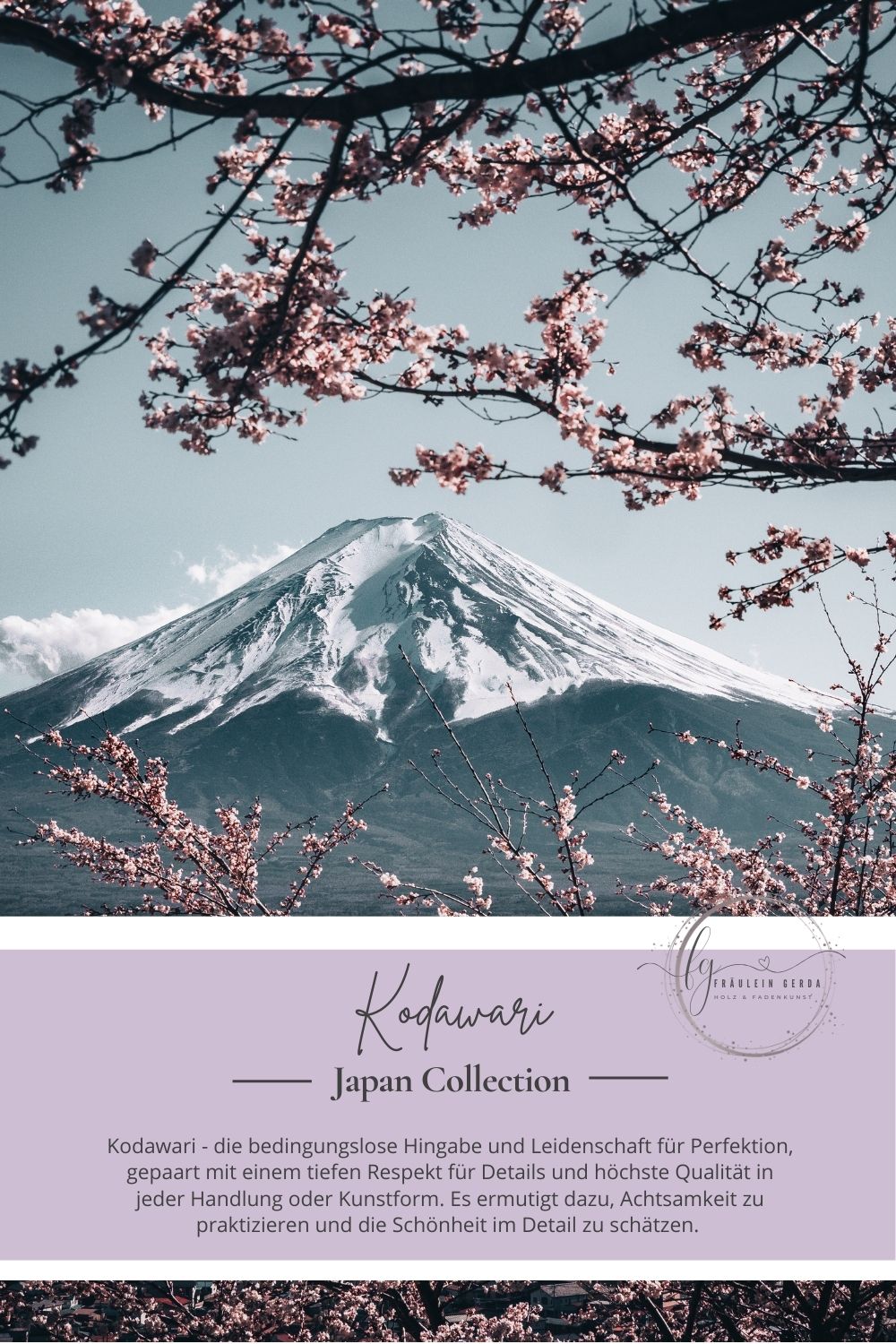 Mütze Kodawari Deckblatt: Mount Fuji und japanische Kirschblüte, Fräulein-Gerda-Logo und die Bedingungslose Hingabe an Perfektion