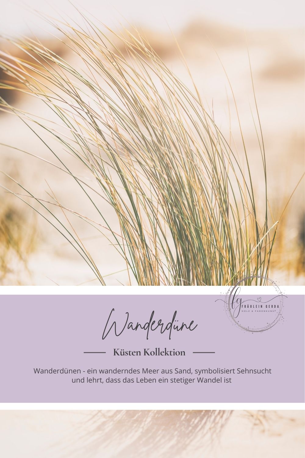 Minischal Wanderdüne Deckblatt: Dünengras im Wind, Fräulein-Gerda-Logo und Namensbedeutung von Meer und Sand