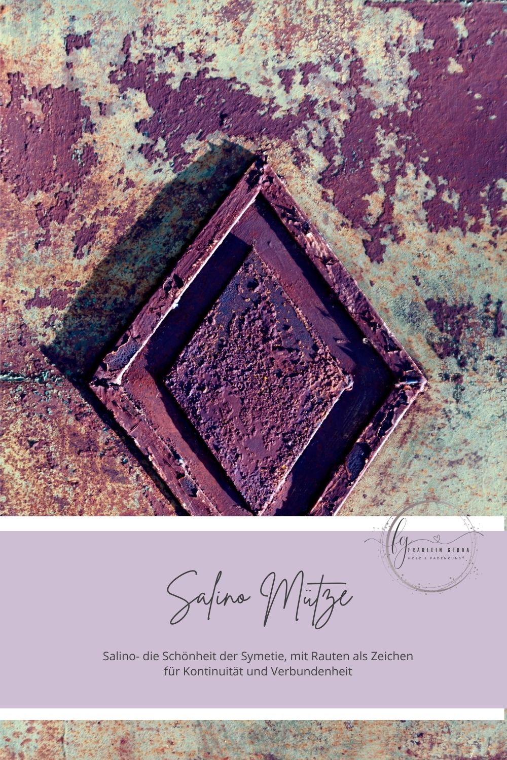 Salino Mütze Deckblatt: Illustration einer Raute in Lila/Beere, Fräulein-Gerda-Logo und Namensbedeutung der Symetrie von Rauten