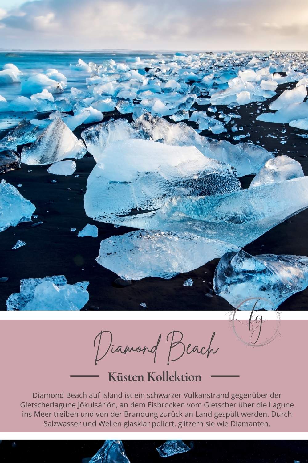 Deckblatt Diamond Beach: Nahaufnahme der abgebrochenen Gletscherstücke am schwarzen Strand mit Schriftzug Diamond Beach und Fräulein Gerda Logo