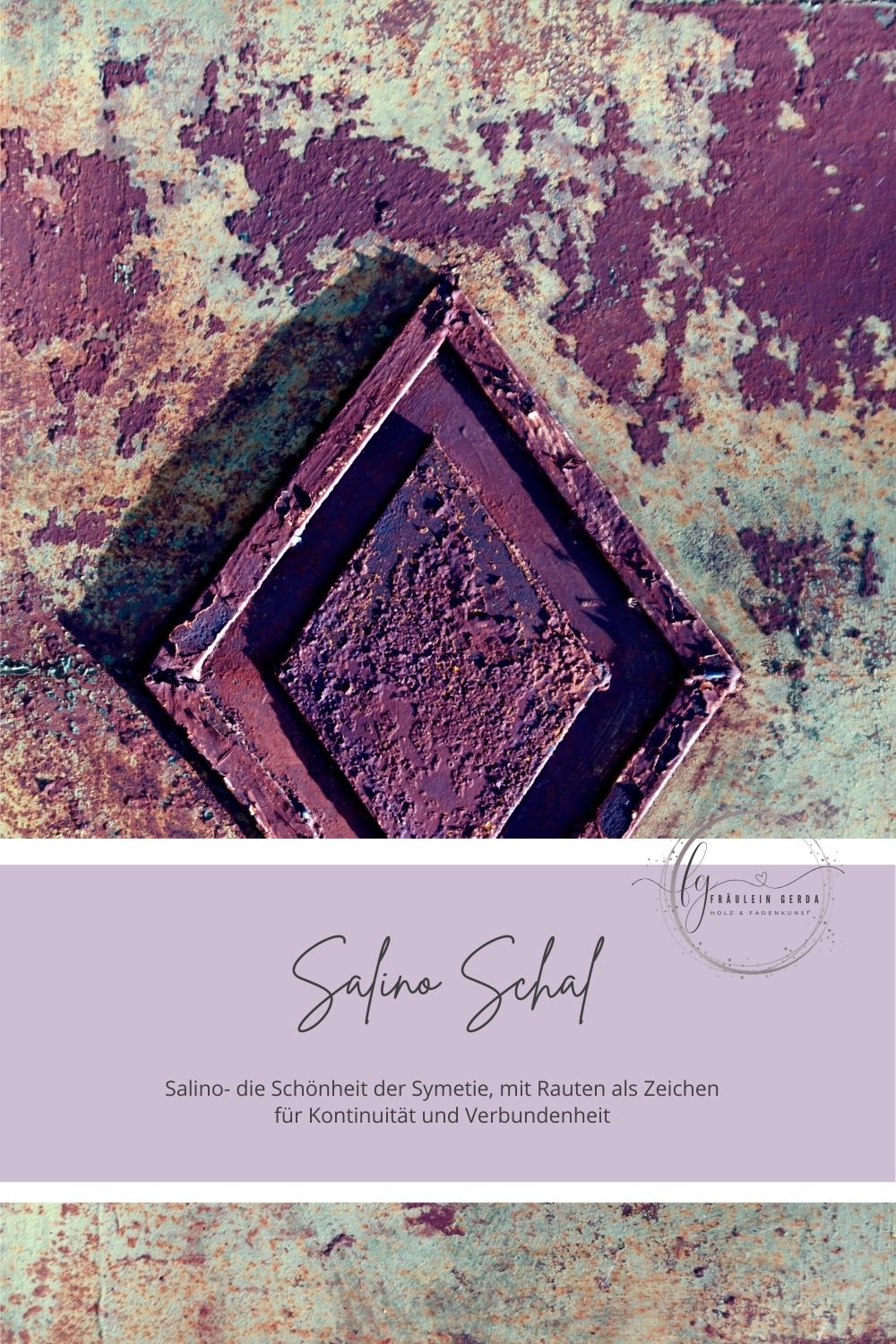 Salino Schal Deckblatt: Illustration einer Raute in Lila/Beere, Fräulein-Gerda-Logo und Namensbedeutung der Symetrie von Rauten
