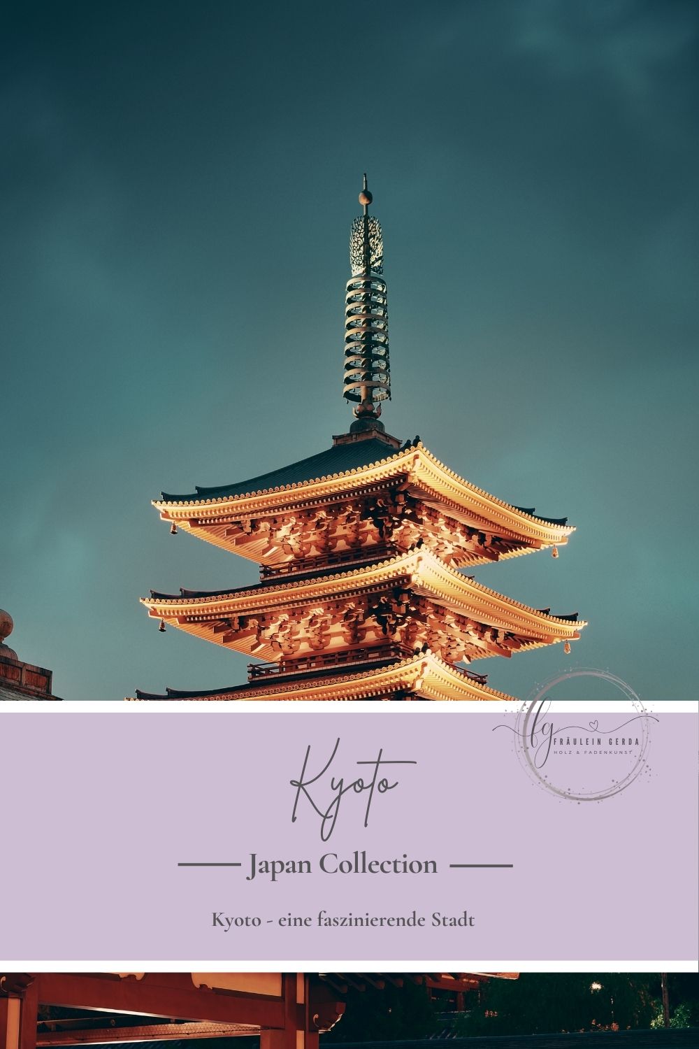 Socken Kyoto Deckblatt: beleuchtete japanische Pagode und Fräulein-Gerda-Logo 
