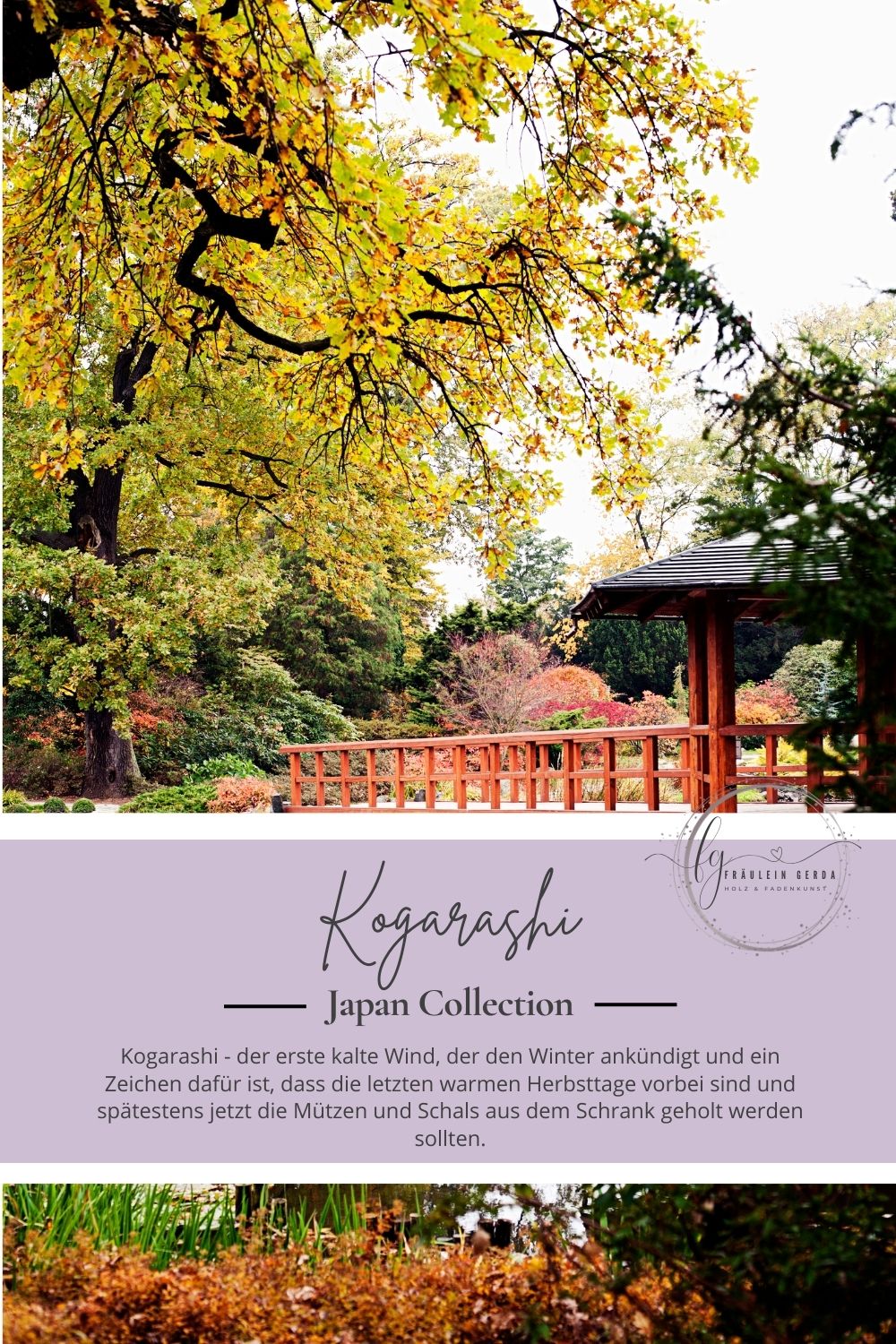Tuch Kogarashi Deckblatt: Japanischer herbstlicher Garten, Fräulein-Gerda-Logo und der erste kalte Wind, der den Winter ankündigt